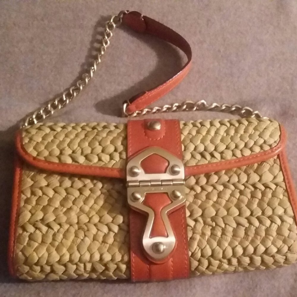 Michael Kors Straw/Orange leather trim clutch